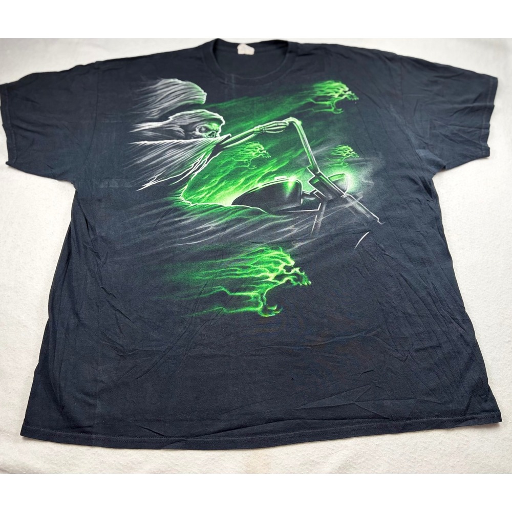 Gildan Mens 2XL Black T-Shirt Green Flame Skeleton Reaper Biker Graphic Y2K Tee